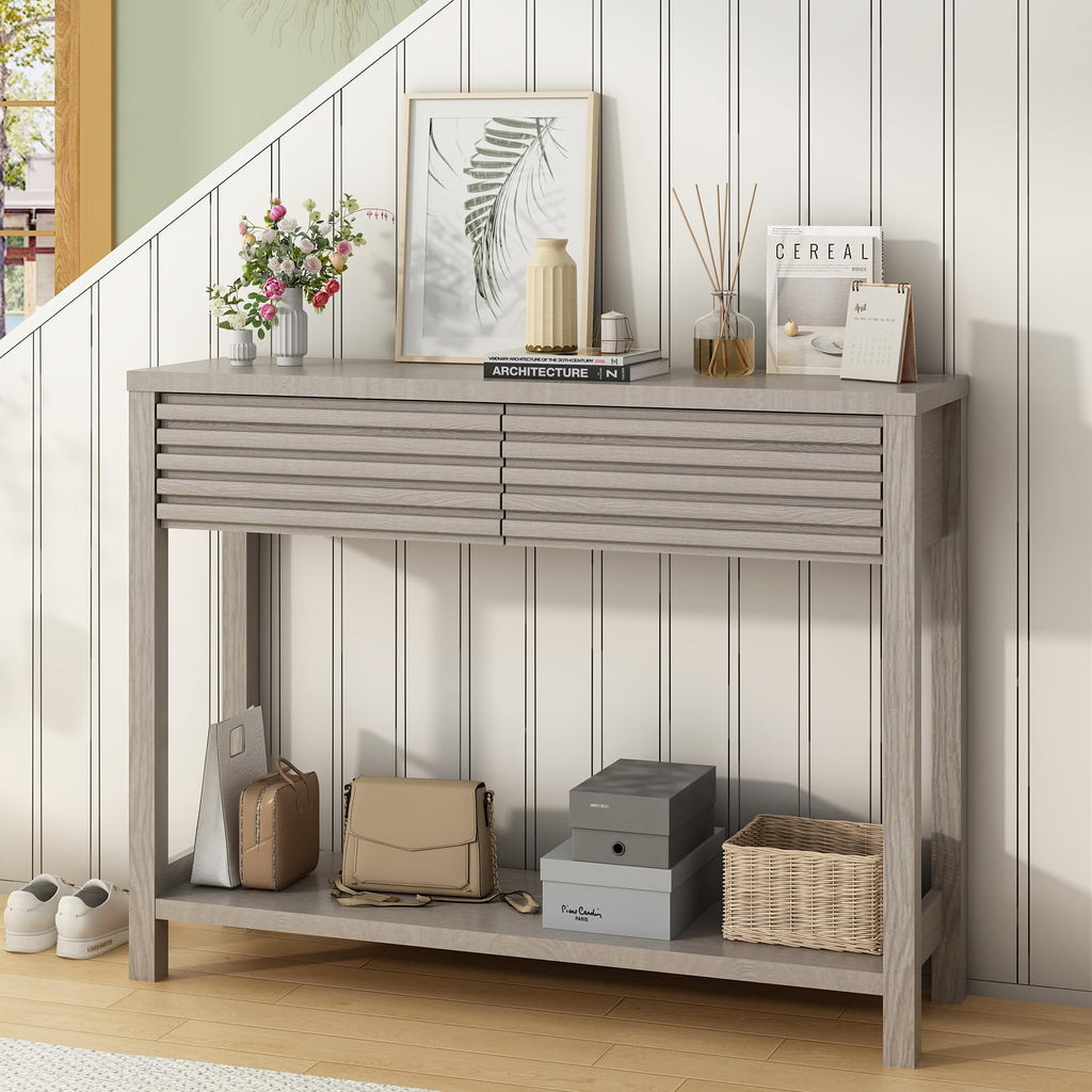 Oak Gray Fluted Console Table with Drawers A837658