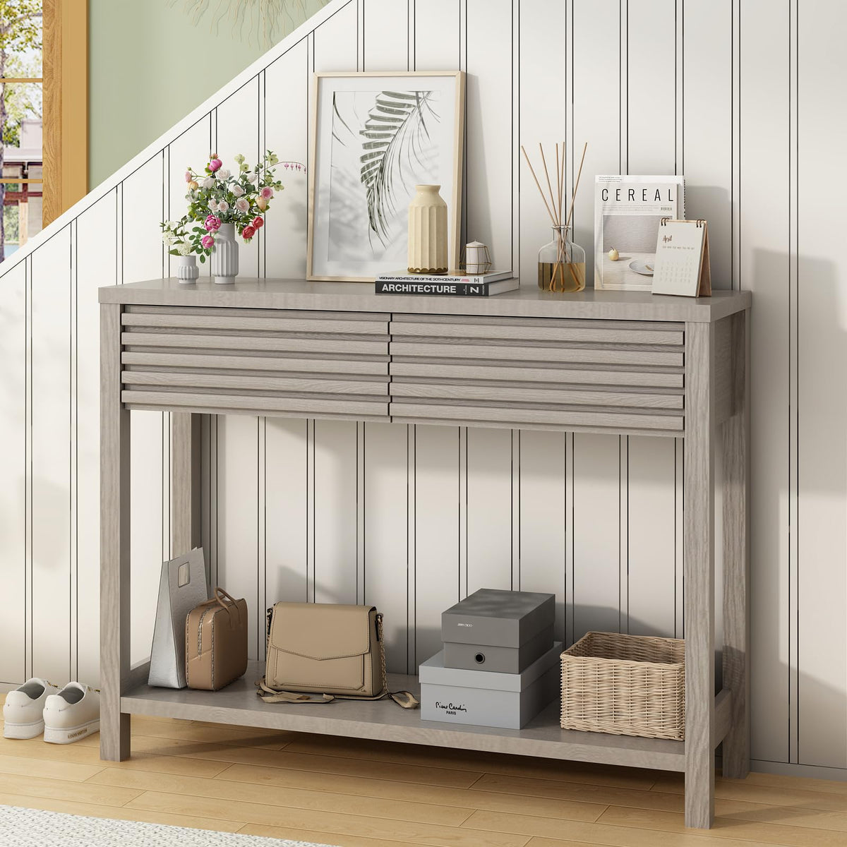 Oak Gray Fluted Console Table with Drawers A837658
