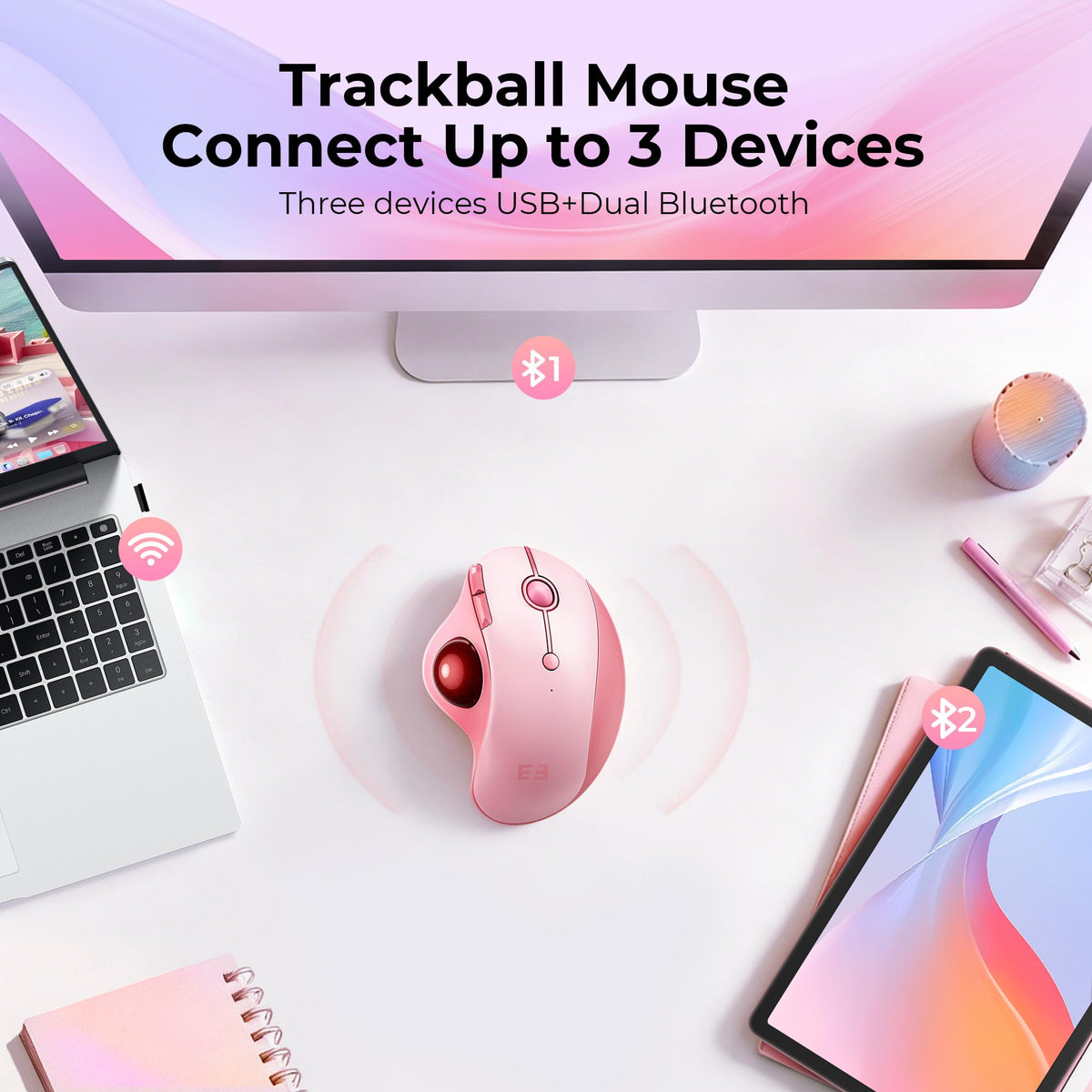 Wireless Ergonomic Pink Trackball Mouse Y571539