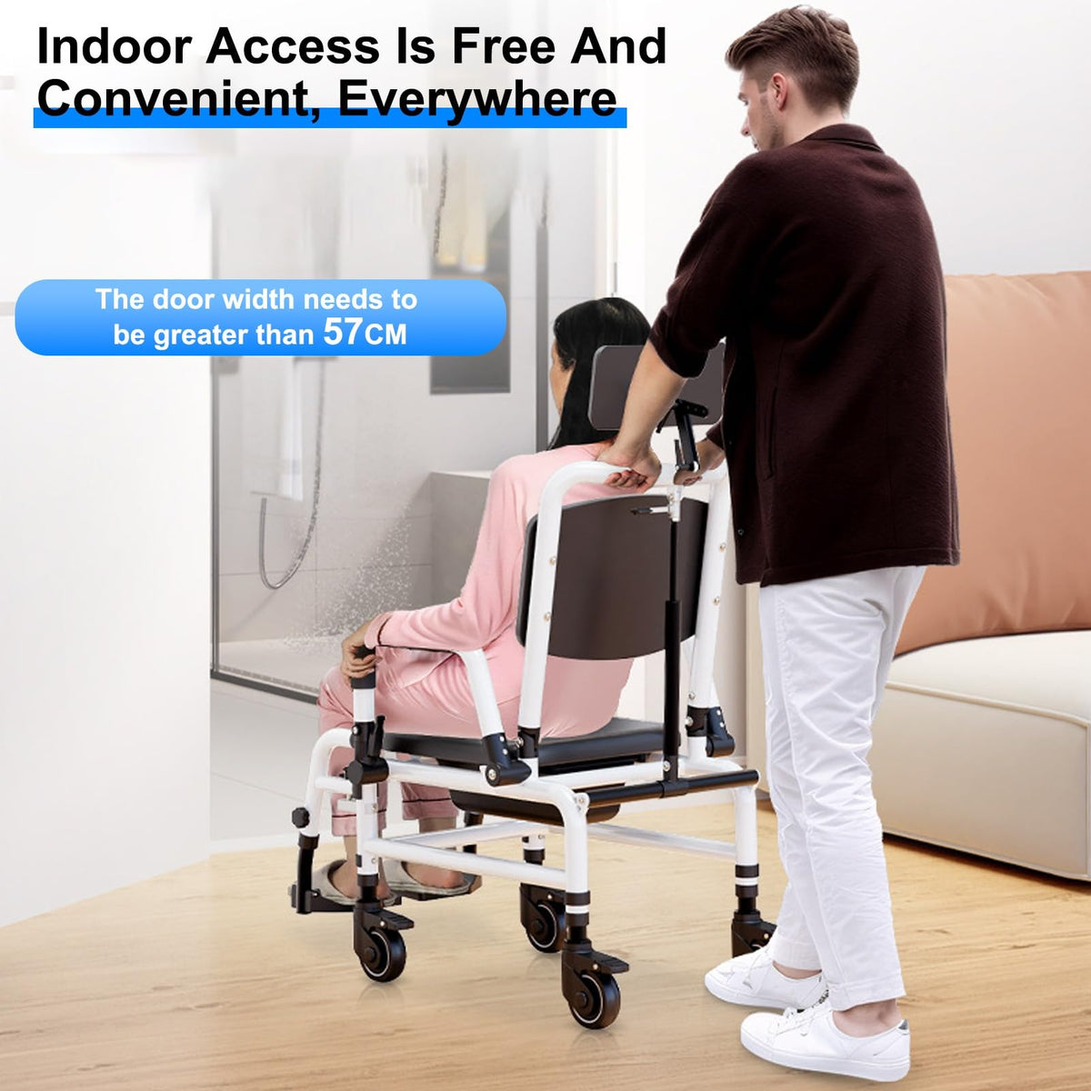 Rolling Shower Chair with Wheels, Adjustable Height Padded Seat & Back E45556