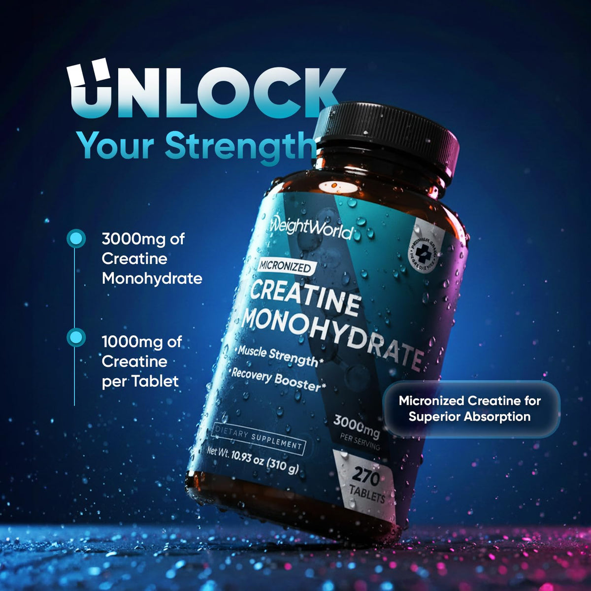 Micronized Creatine Monohydrate 3000mg 270 Ct J409
