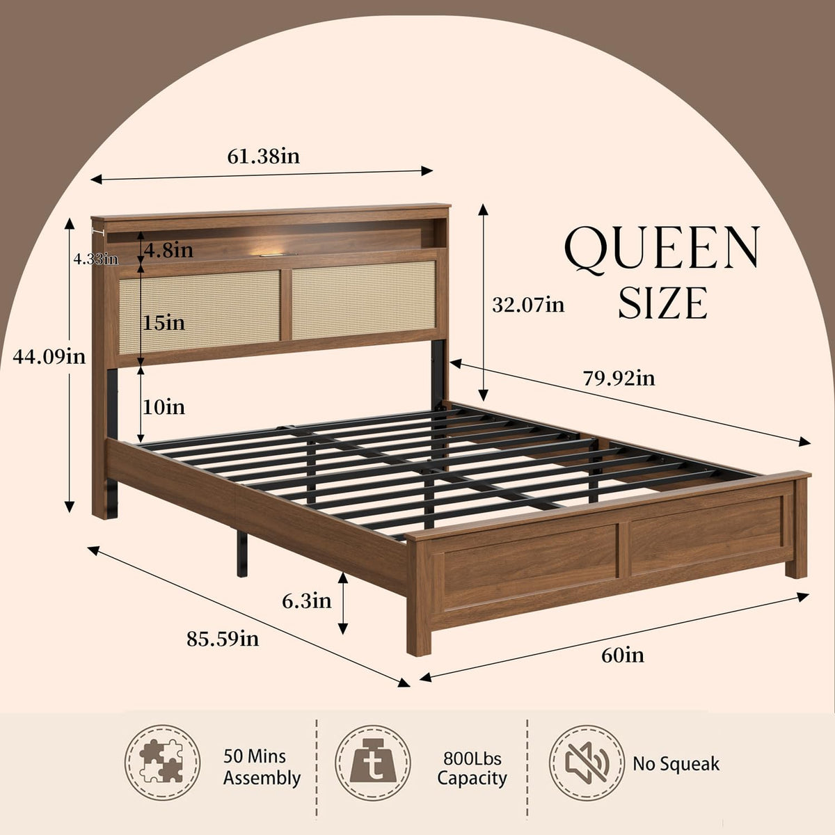 Brown Queen Wood Bed Frame with Storage Headboard O323