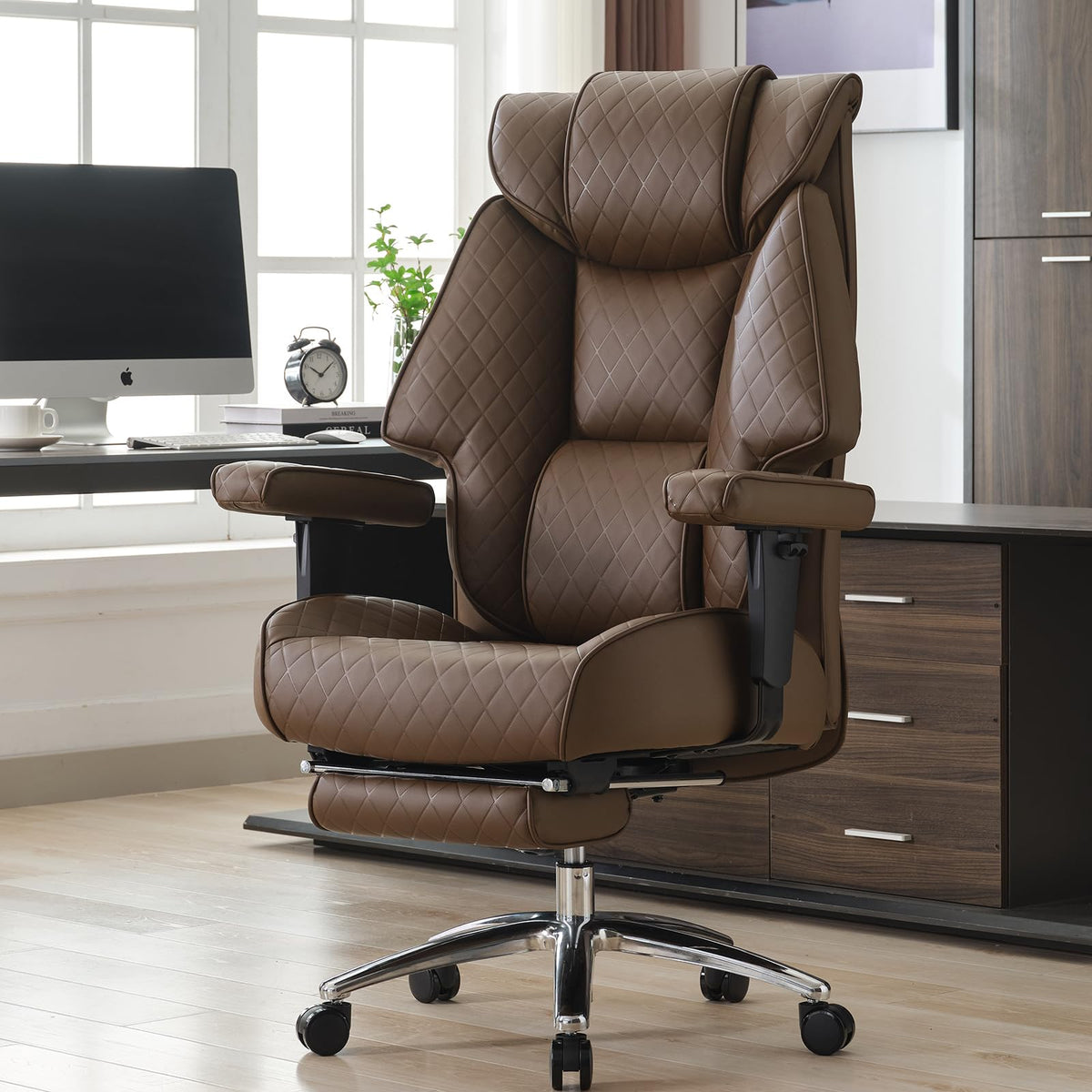 Big and Tall Office Chair with Footrest, PU Leather High Back Executive Chair 400lbs, Ergonomic Computer Chair Lumbar Support (Brown) M513278