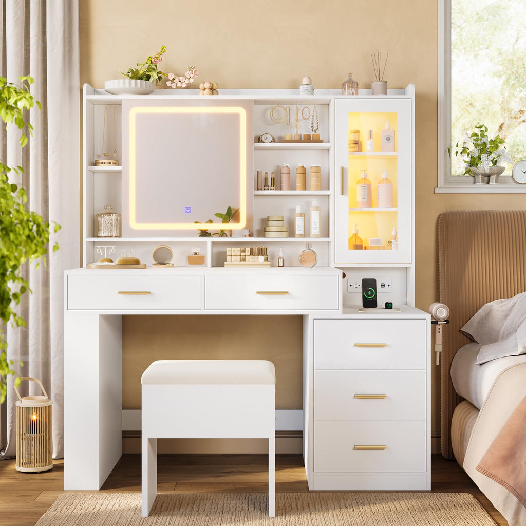 White Makeup Vanity Desk with Sliding LED Lighted Mirror F145660