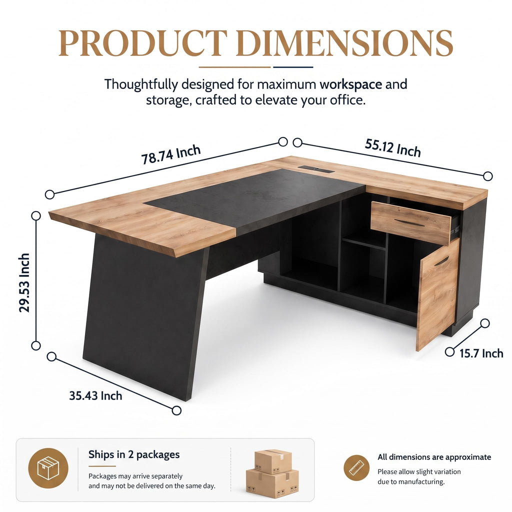 Black and Wood L Shape Executive Desk with Drawers and Shelves O2530
