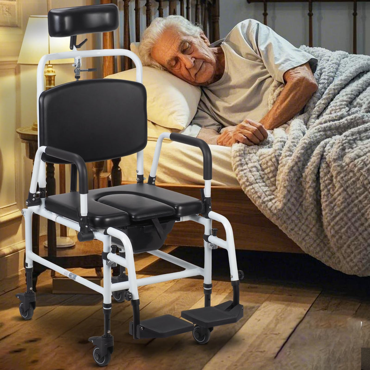 Rolling Shower Chair with Wheels, Adjustable Height Padded Seat & Back E45556