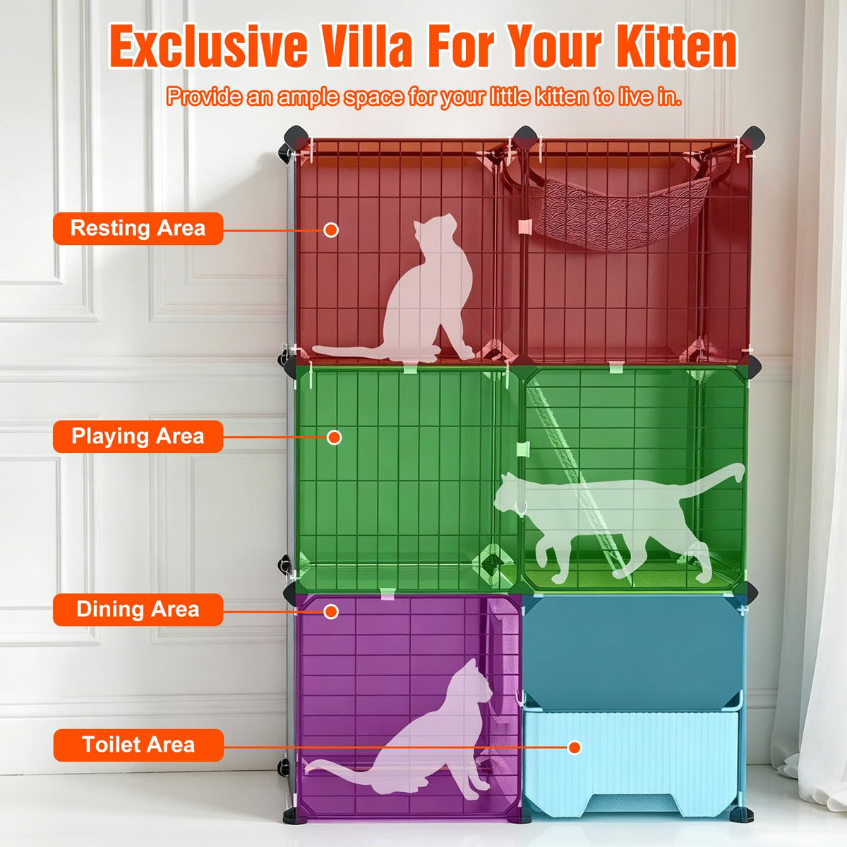 3-Tier Cat Cage with Litter Box, Hammock & Ladders Y590865