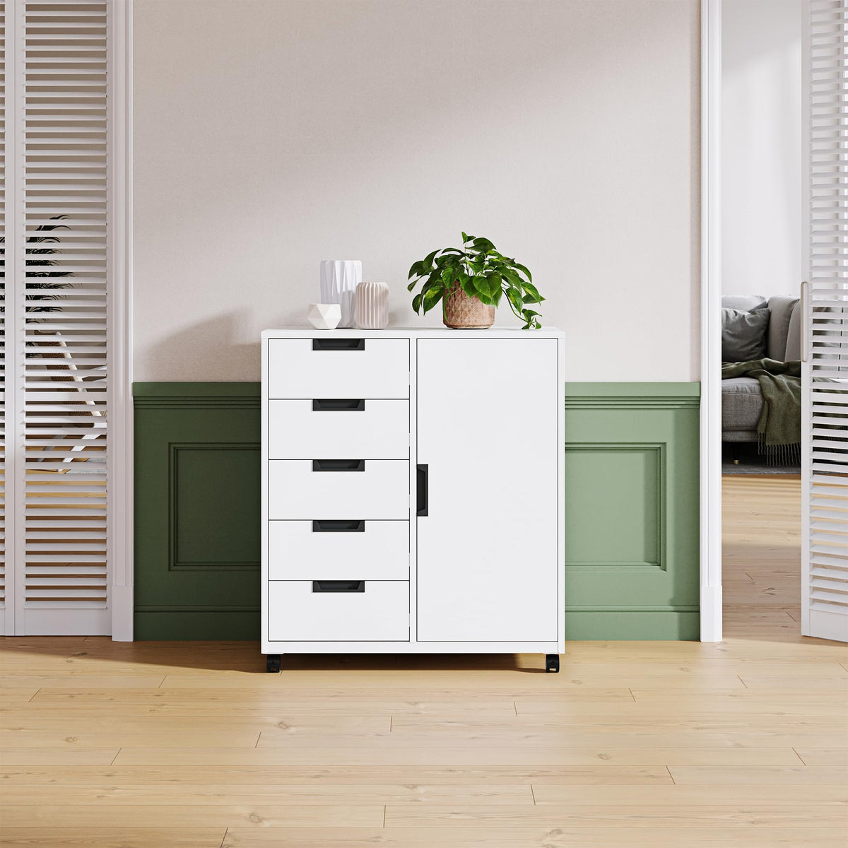 White 5 Drawer Storage Cabinet with Shelves and Door L43280