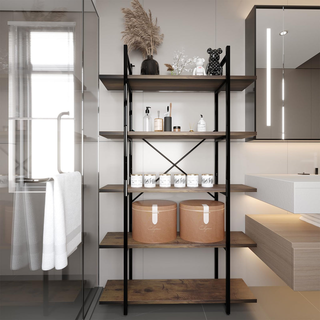 5 Tiers Rustic Brown and Metal Bookshelf B804613