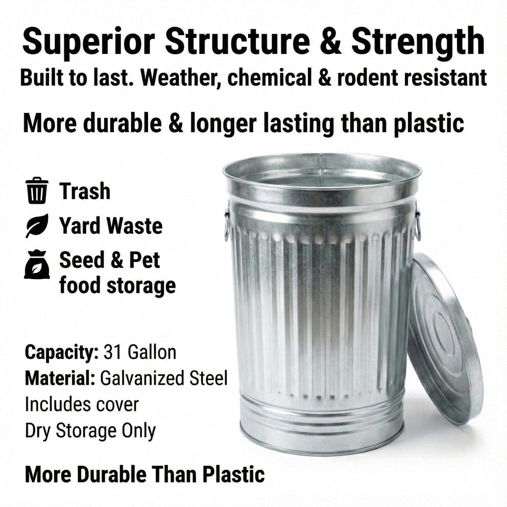 31 Gallon Galvanized Steel Metal Trash Can with Locking Lid R502709
