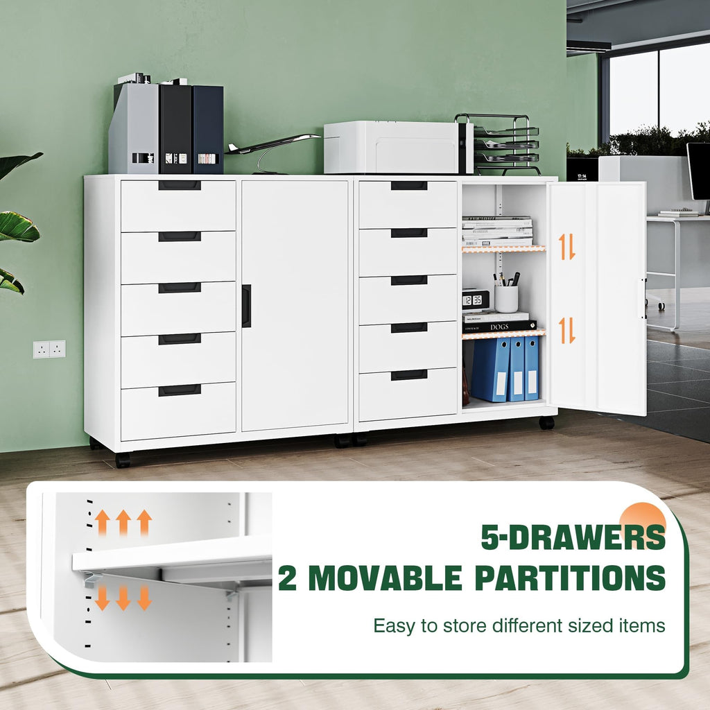 White 5 Drawer Storage Cabinet with Shelves and Door L43280