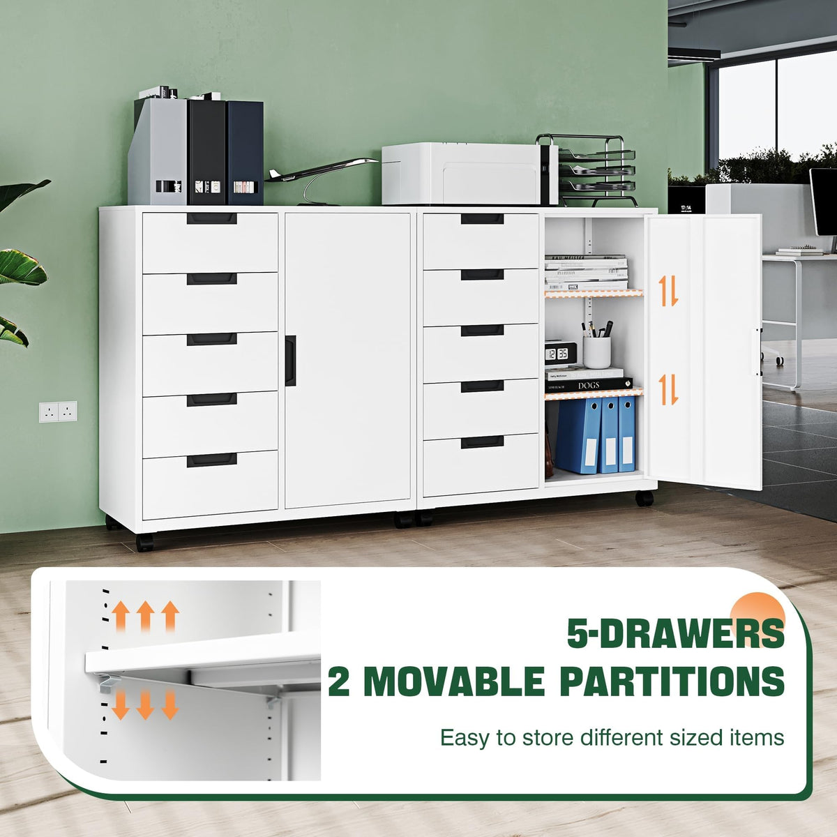 White 5 Drawer Storage Cabinet with Shelves and Door L43280