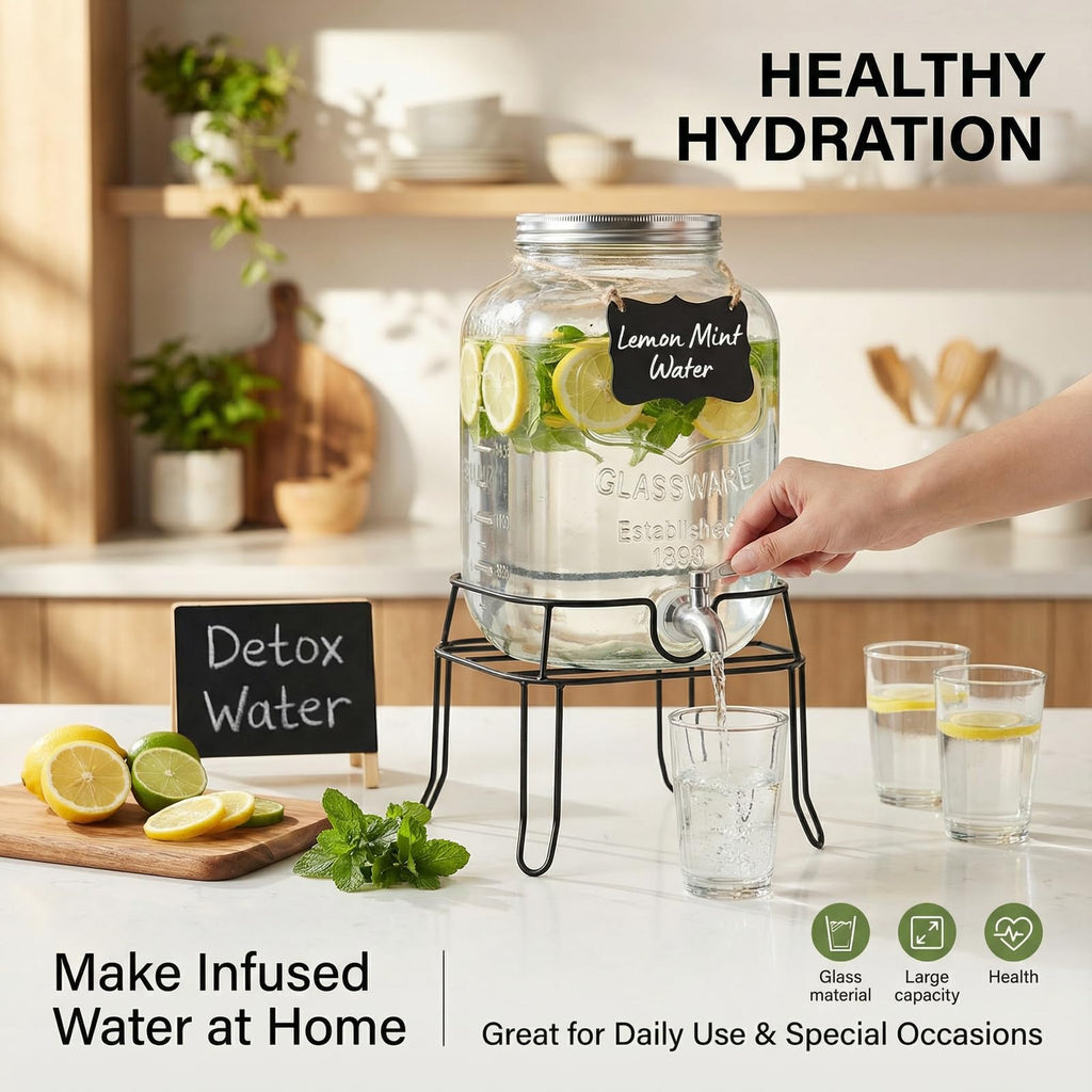 2 Gallon Glass Drink Dispenser with Stand V7562