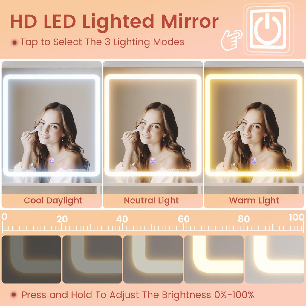 White Makeup Vanity Desk with Sliding LED Lighted Mirror F145660