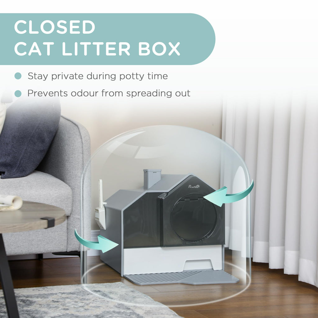 Hooded Cat Litter Box with Litter Mat, Pull-Out Drawer, Handle, Scoop, Gray S527