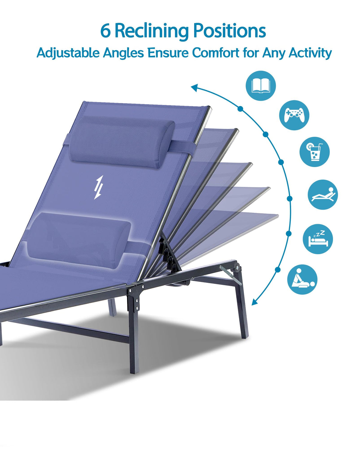 2 Pack Blue Foldable Chaise Lounge Chair with Cup Holder and Pillow R39746