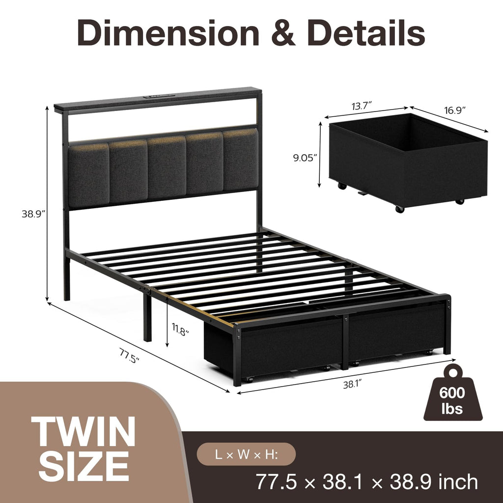 Grey Upholstered Twin Bed Frame with 2 Storage Drawers M85085