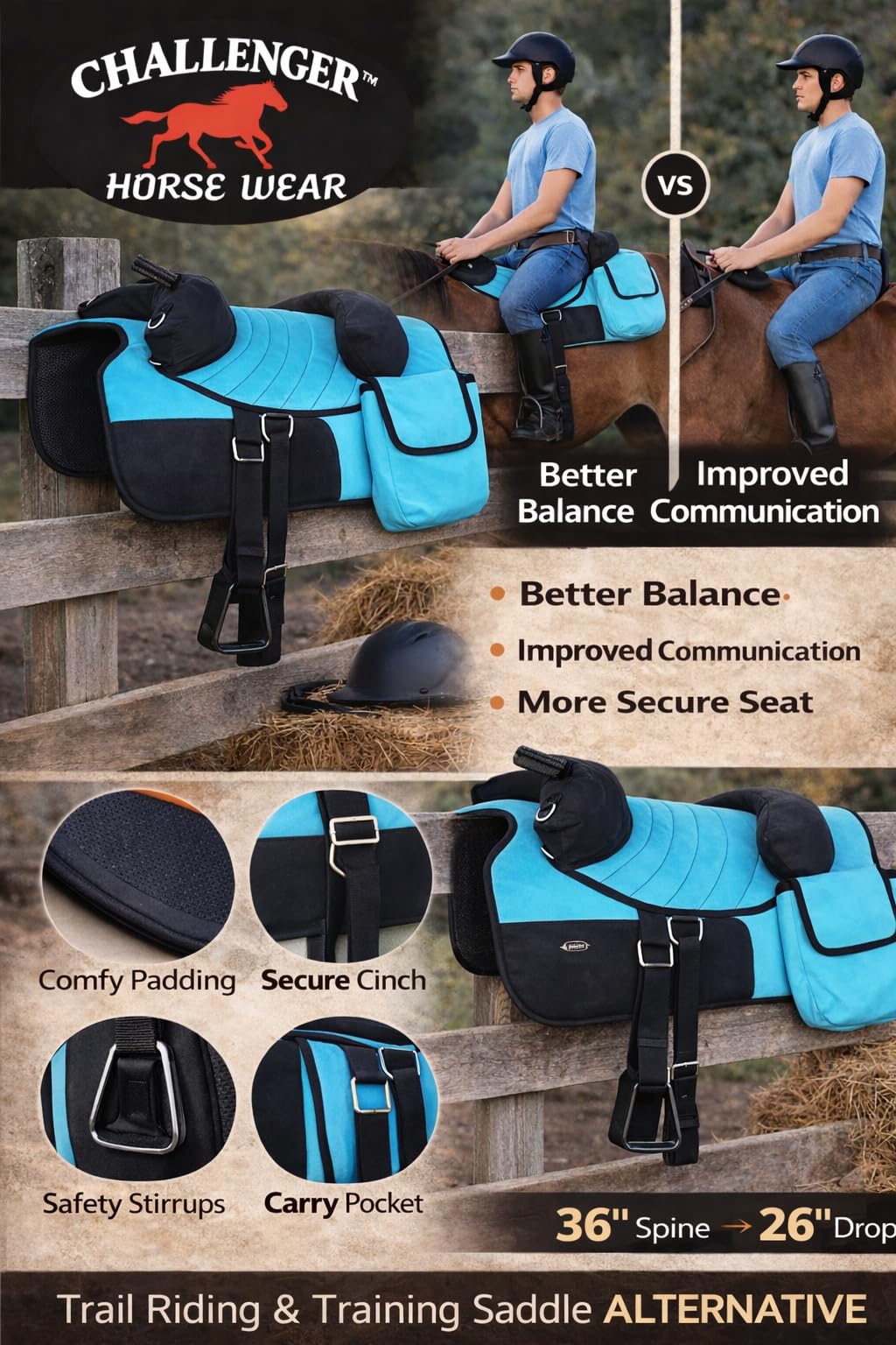 Horse Western Bareback Trail Saddle Pad with Pockets Girth Stirrups I6867