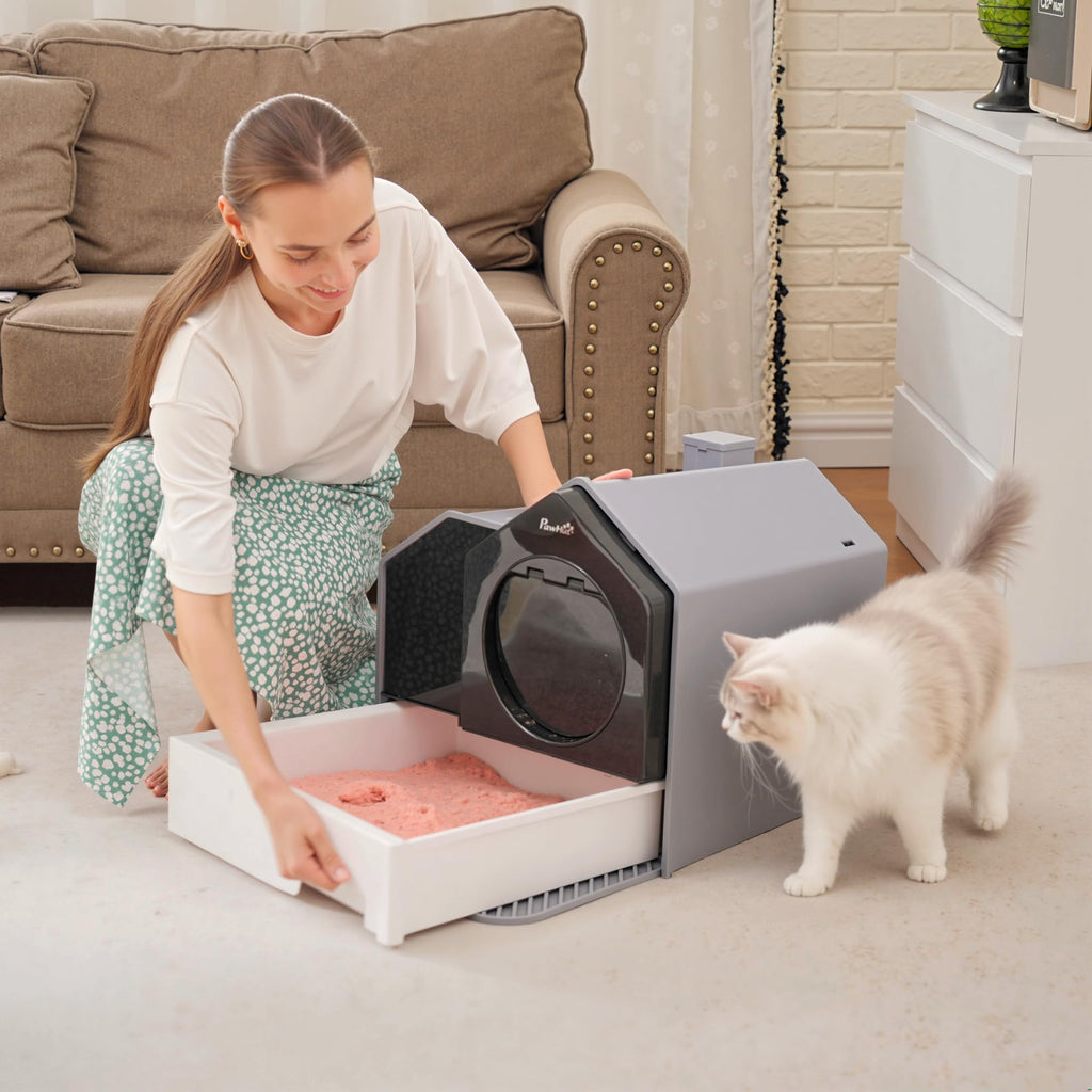 Hooded Cat Litter Box with Litter Mat, Pull-Out Drawer, Handle, Scoop, Gray S527