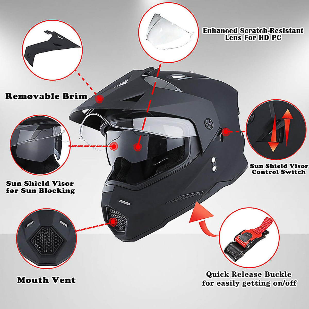 Youth Kids Dual Sport Dual Visor Full Face Helmet Matt Black D3933