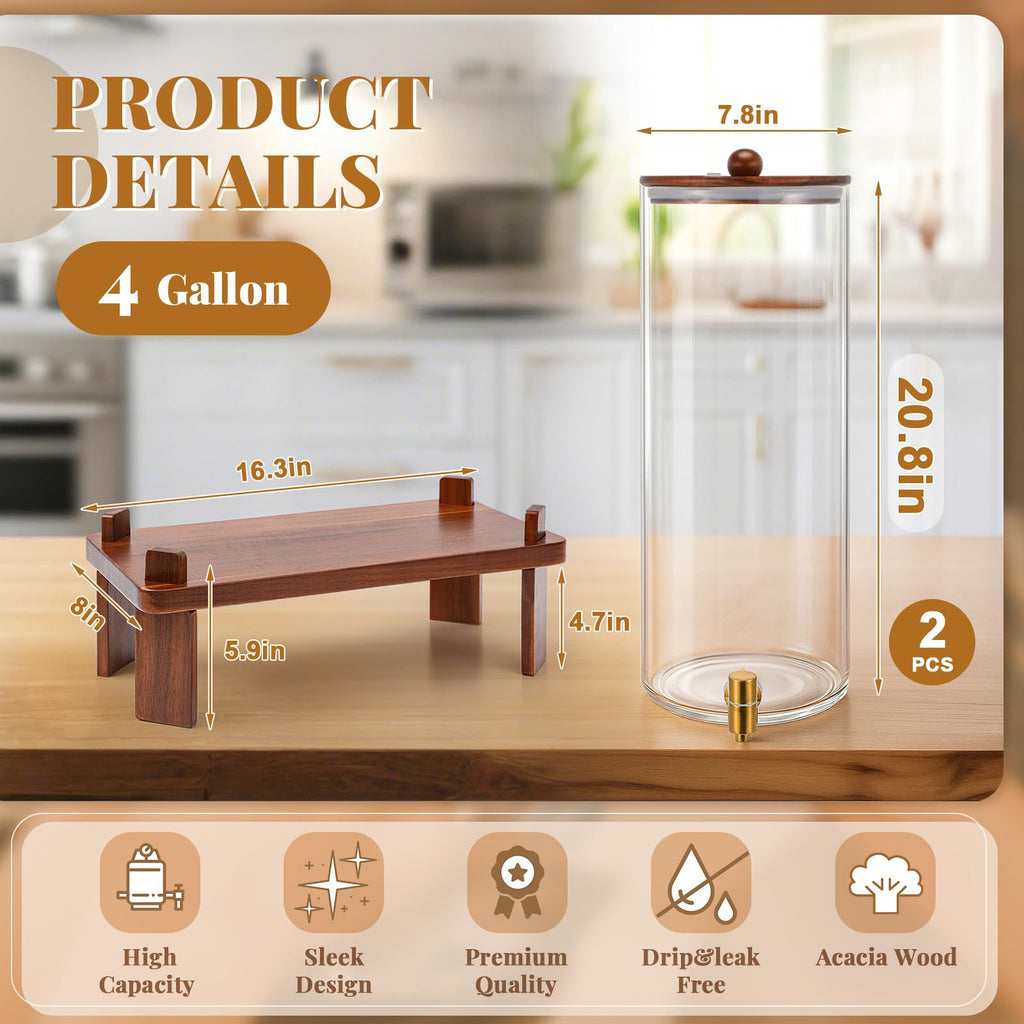 2 Pack 4 Gallon Glass Drink Dispenser with Acacia Wood Stand and Lid Z231020