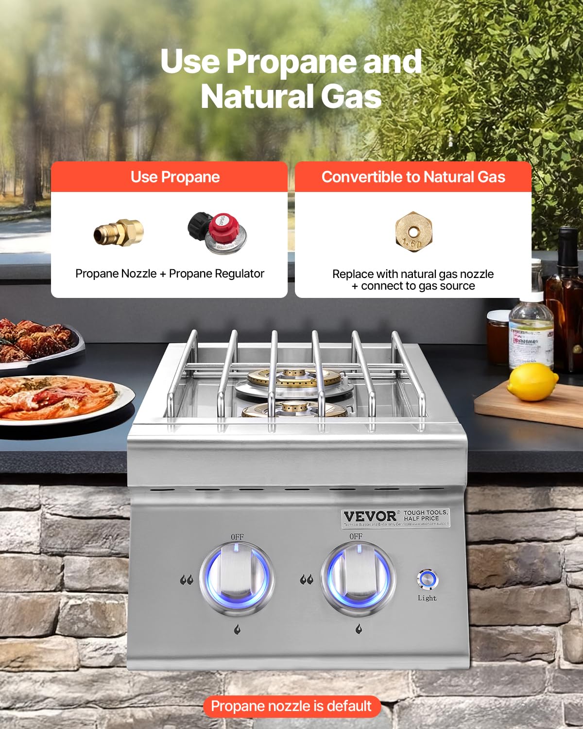 Double Side Burners, 2 x 17,000BTU Liquid Propane, Convertible to Natural Gas, 304 Stainless Steel Built-in G716