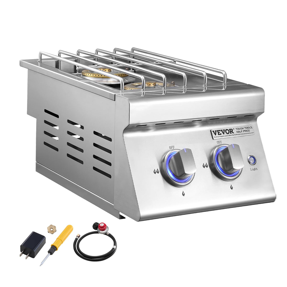 Double Side Burners, 2 x 17,000BTU Liquid Propane, Convertible to Natural Gas, 304 Stainless Steel Built-in G716