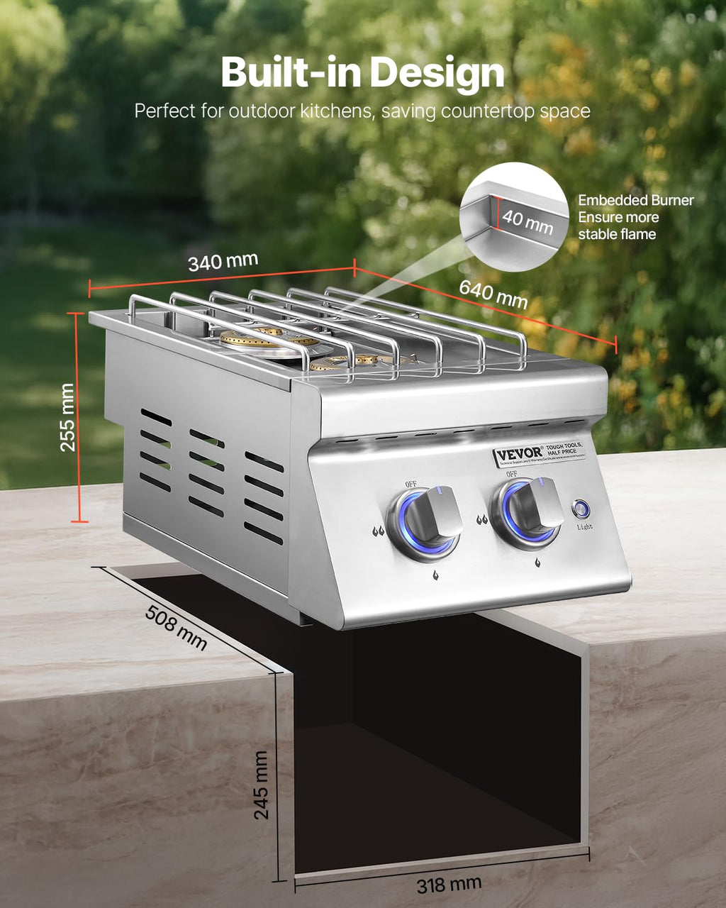 Double Side Burners, 2 x 17,000BTU Liquid Propane, Convertible to Natural Gas, 304 Stainless Steel Built-in G716
