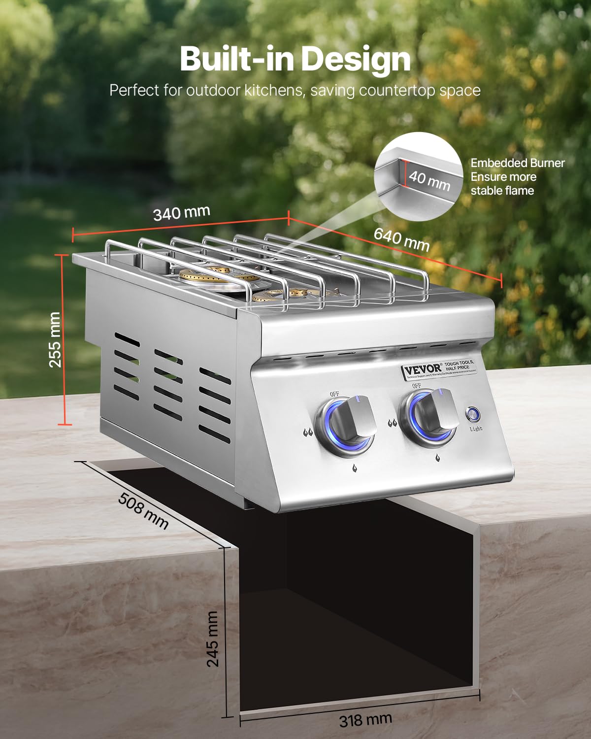 Double Side Burners, 2 x 17,000BTU Liquid Propane, Convertible to Natural Gas, 304 Stainless Steel Built-in G716