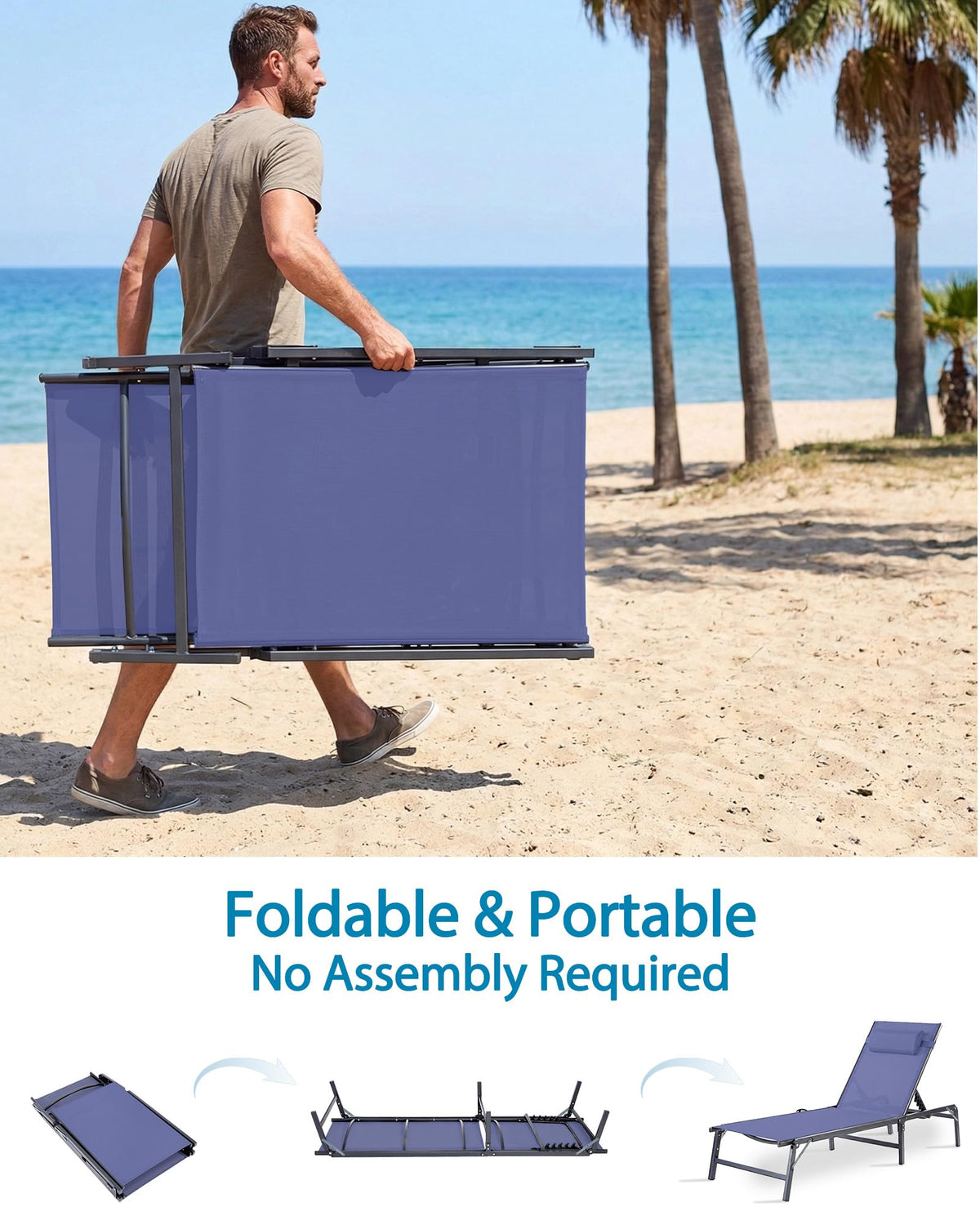 2 Pack Blue Foldable Chaise Lounge Chair with Cup Holder and Pillow R39746