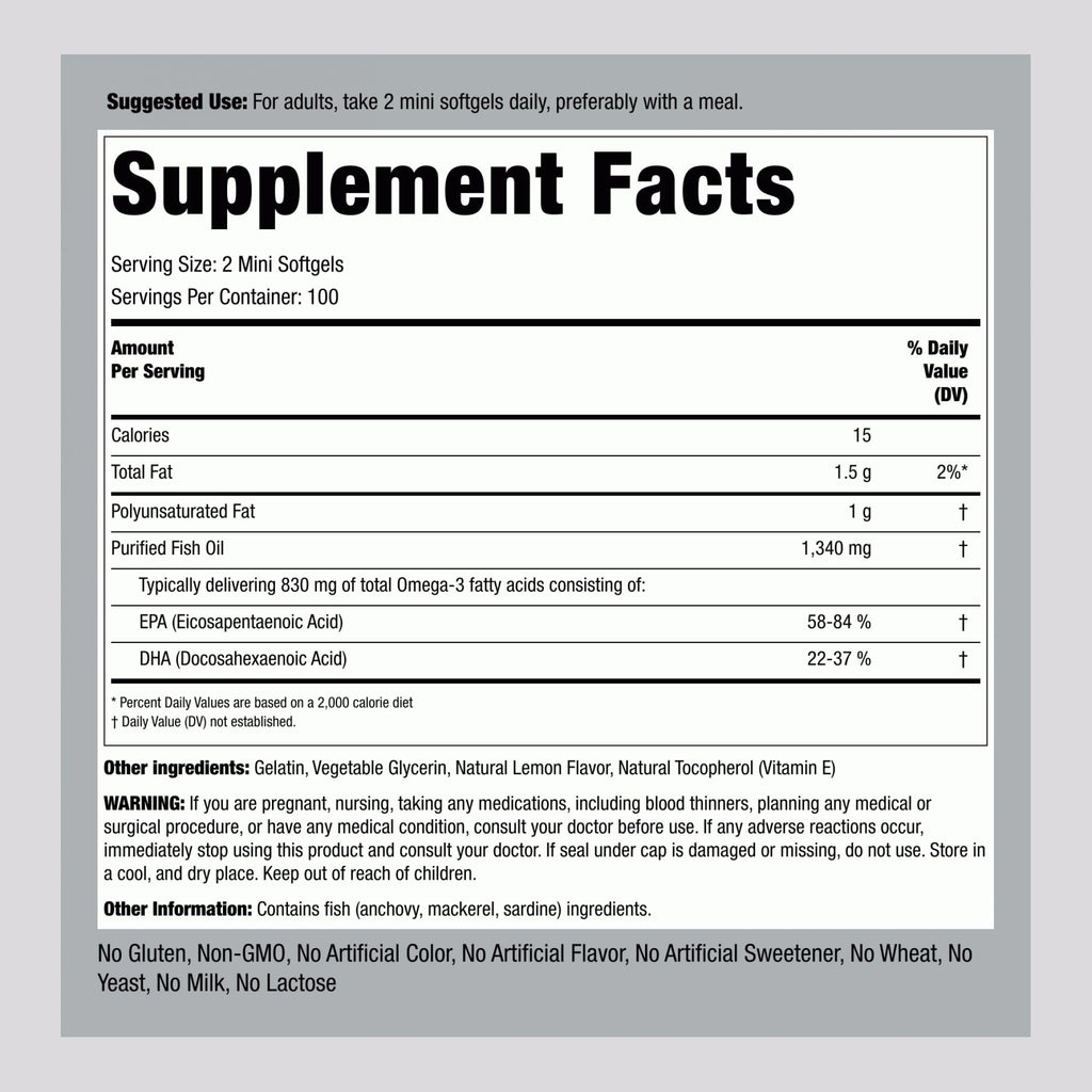 Fish Oil Omega 3 Supplement 1340 mg 200 Mini Softgels H147