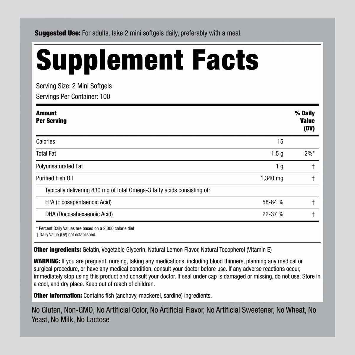 Fish Oil Omega 3 Supplement 1340 mg 200 Mini Softgels H147