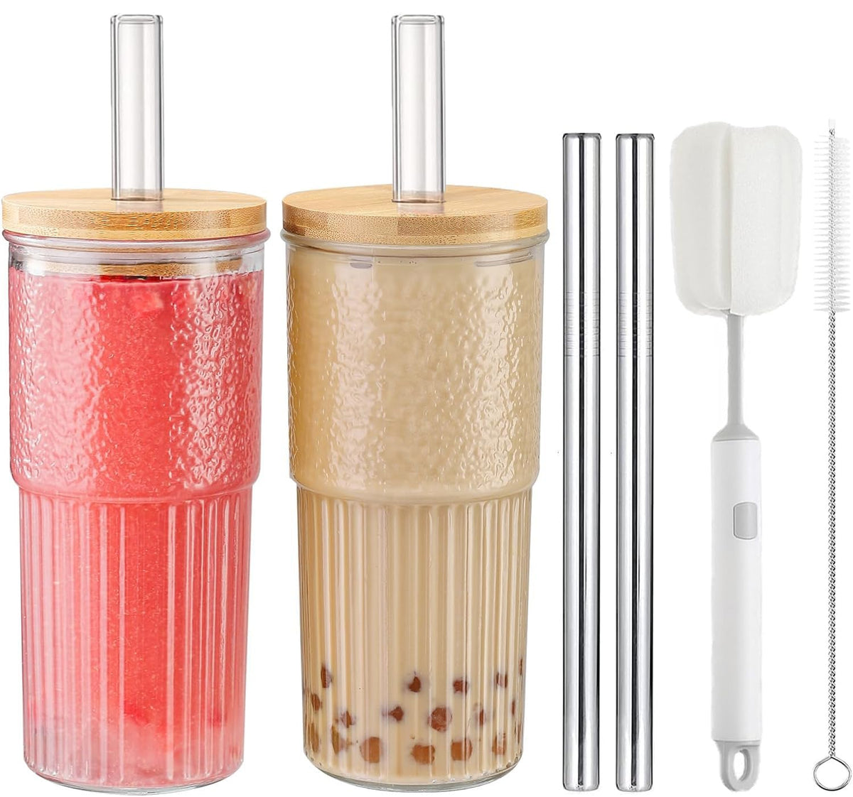 22oz Glass Cups Set with Bamboo Lids and Straws N165344