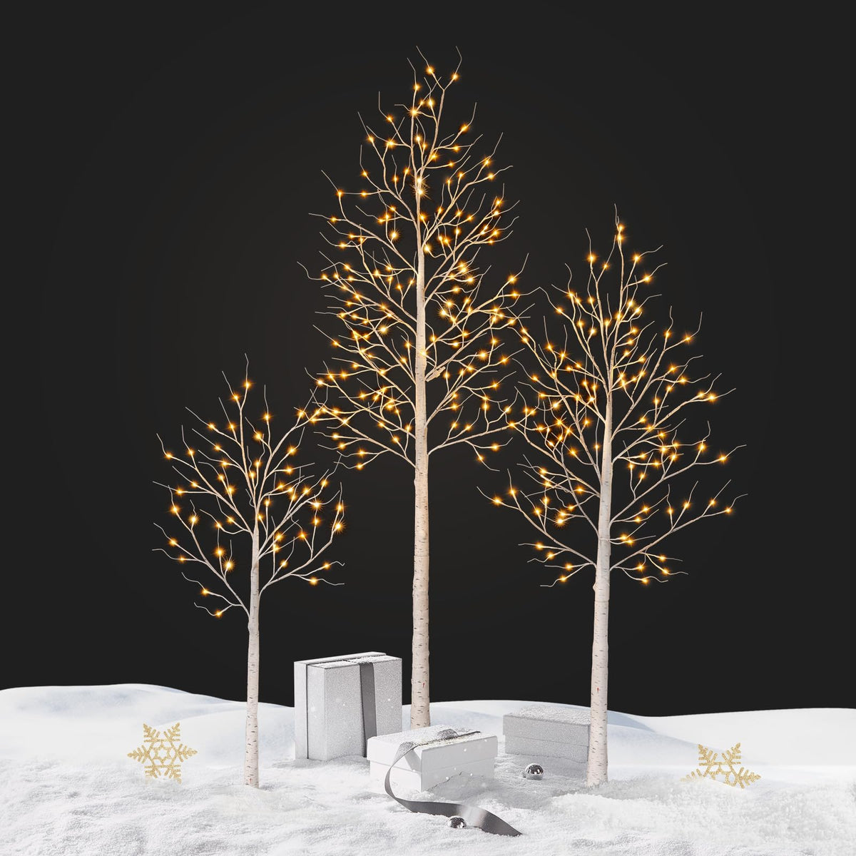 White Birch Tree with Lights Set of 3 Christmas Decorations with Warm White Lights Y817908