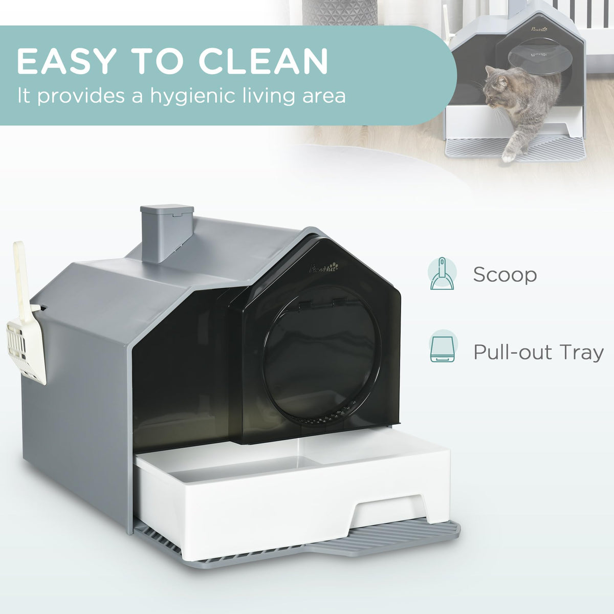Hooded Cat Litter Box with Litter Mat, Pull-Out Drawer, Handle, Scoop, Gray S527