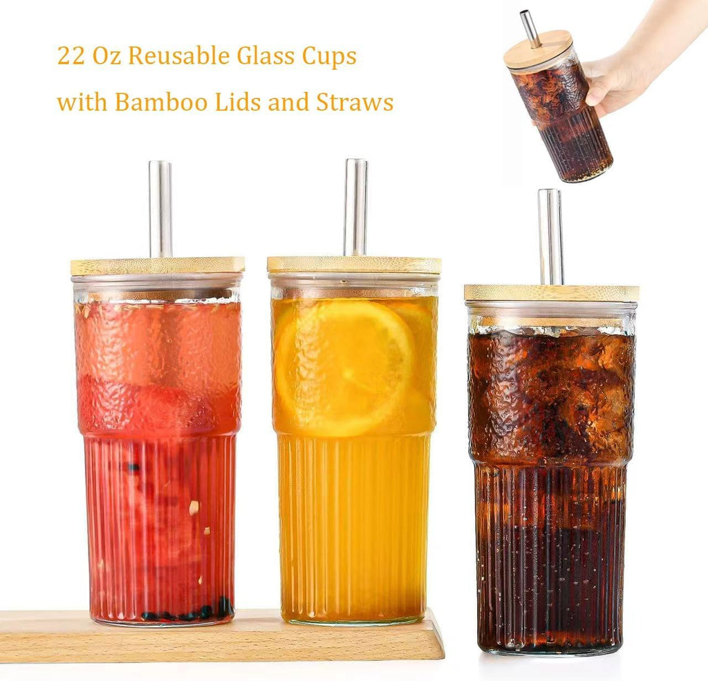 22oz Glass Cups Set with Bamboo Lids and Straws N165344