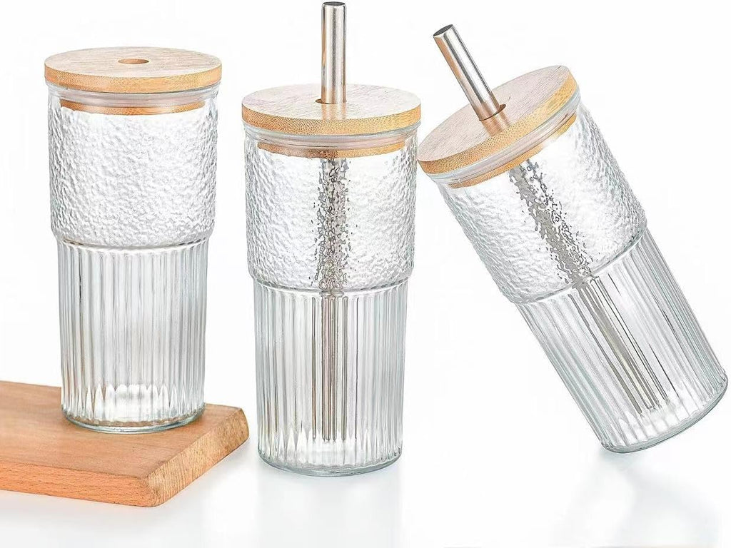 22oz Glass Cups Set with Bamboo Lids and Straws N165344