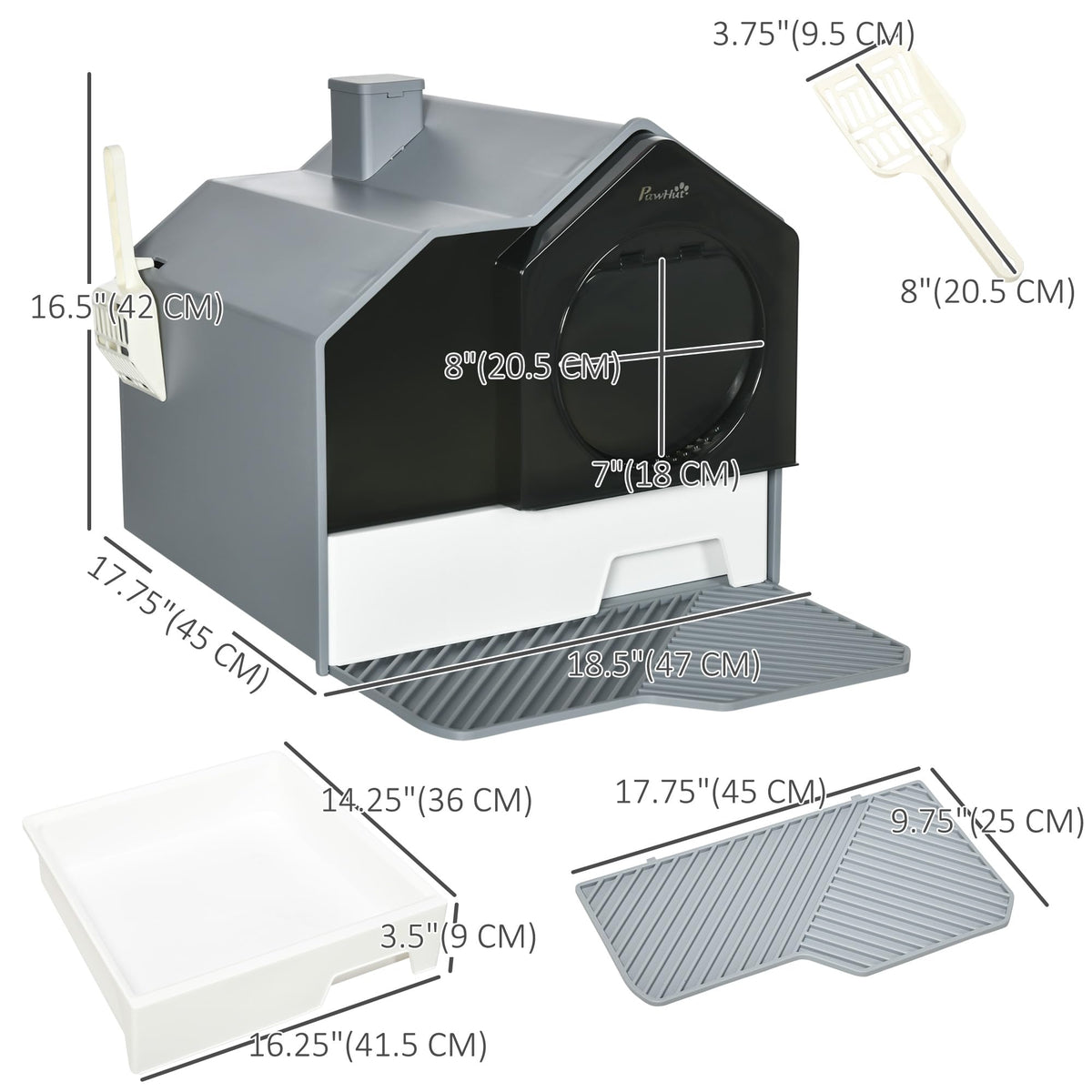 Hooded Cat Litter Box with Litter Mat, Pull-Out Drawer, Handle, Scoop, Gray S527