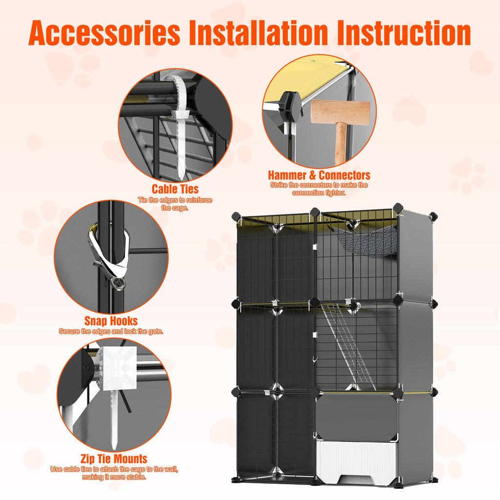 3-Tier Cat Cage with Litter Box, Hammock & Ladders Y590865