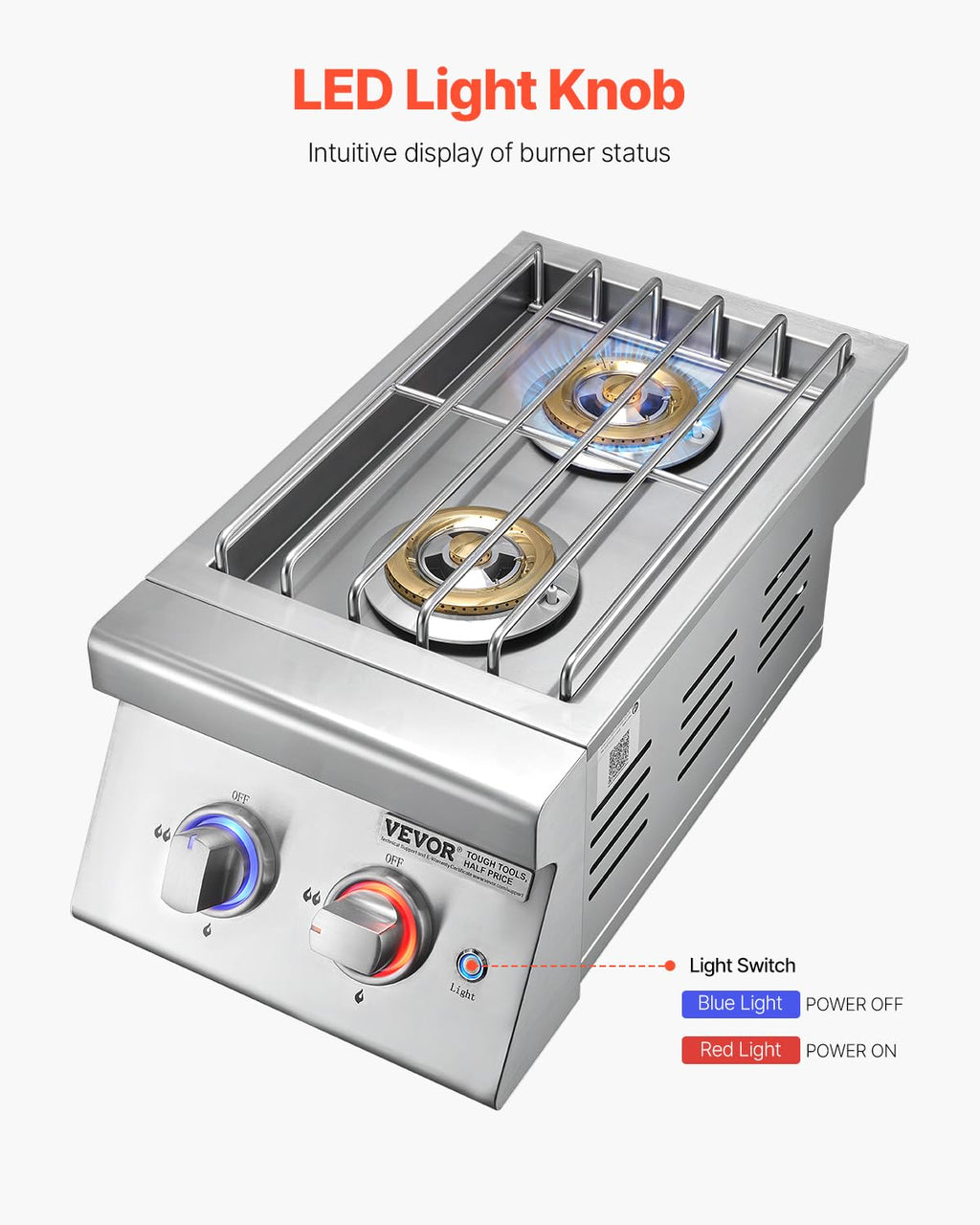 Double Side Burners, 2 x 17,000BTU Liquid Propane, Convertible to Natural Gas, 304 Stainless Steel Built-in G716
