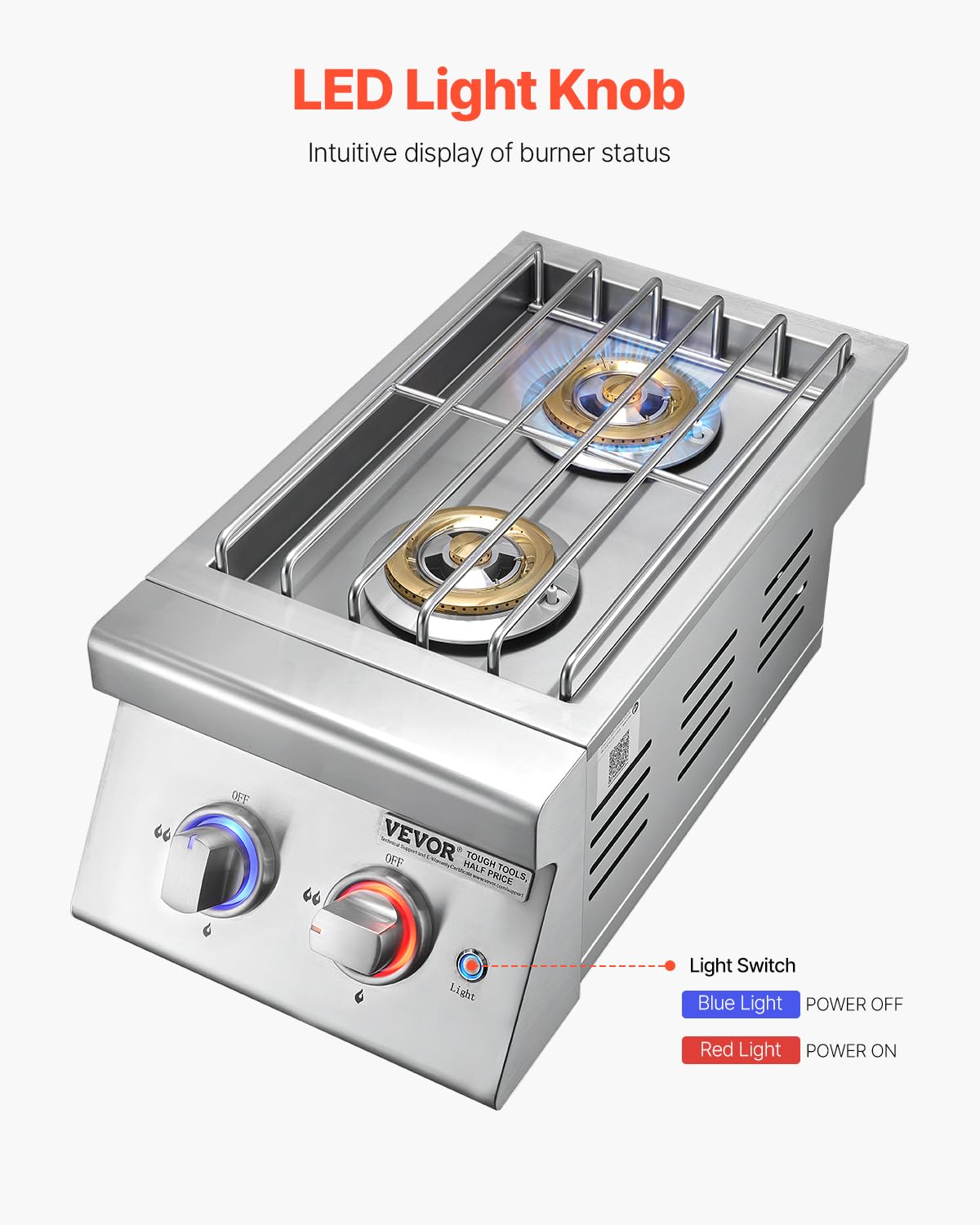 Double Side Burners, 2 x 17,000BTU Liquid Propane, Convertible to Natural Gas, 304 Stainless Steel Built-in G716