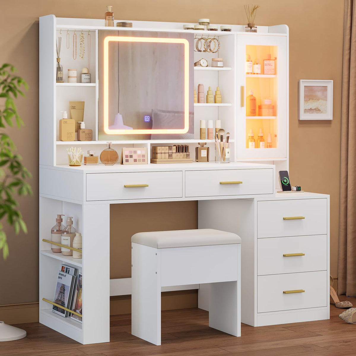 White Makeup Vanity Desk with Sliding LED Lighted Mirror F145660