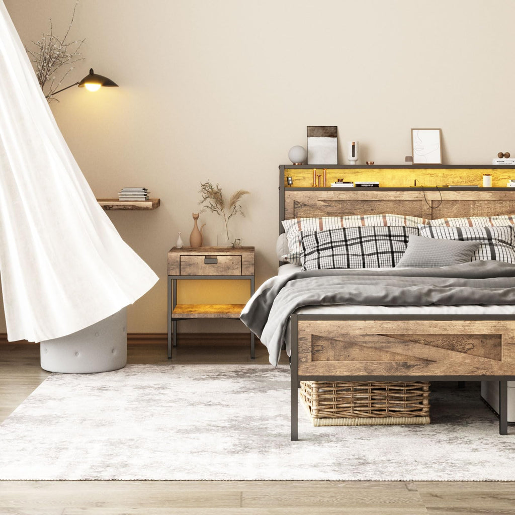 Queen Size LED Metal Platform Bed Frame with Charging Station R2801