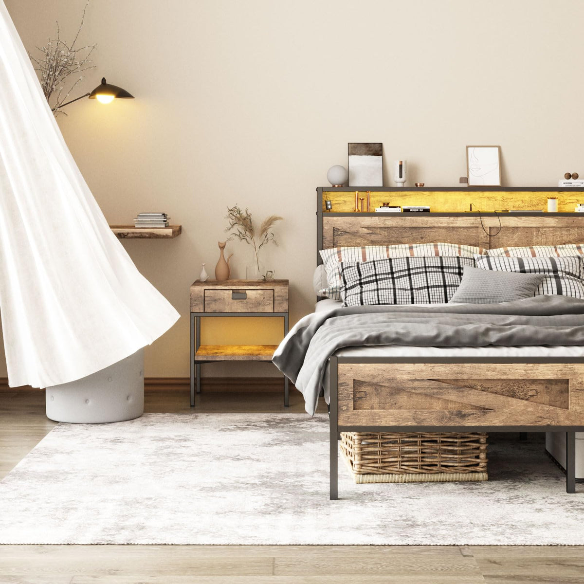 Queen Size LED Metal Platform Bed Frame with Charging Station R2801