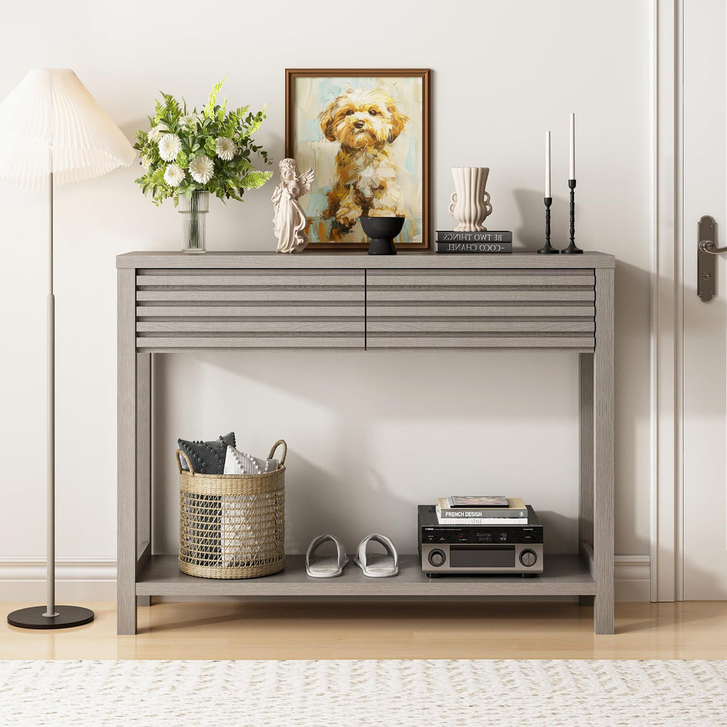 Oak Gray Fluted Console Table with Drawers A837658