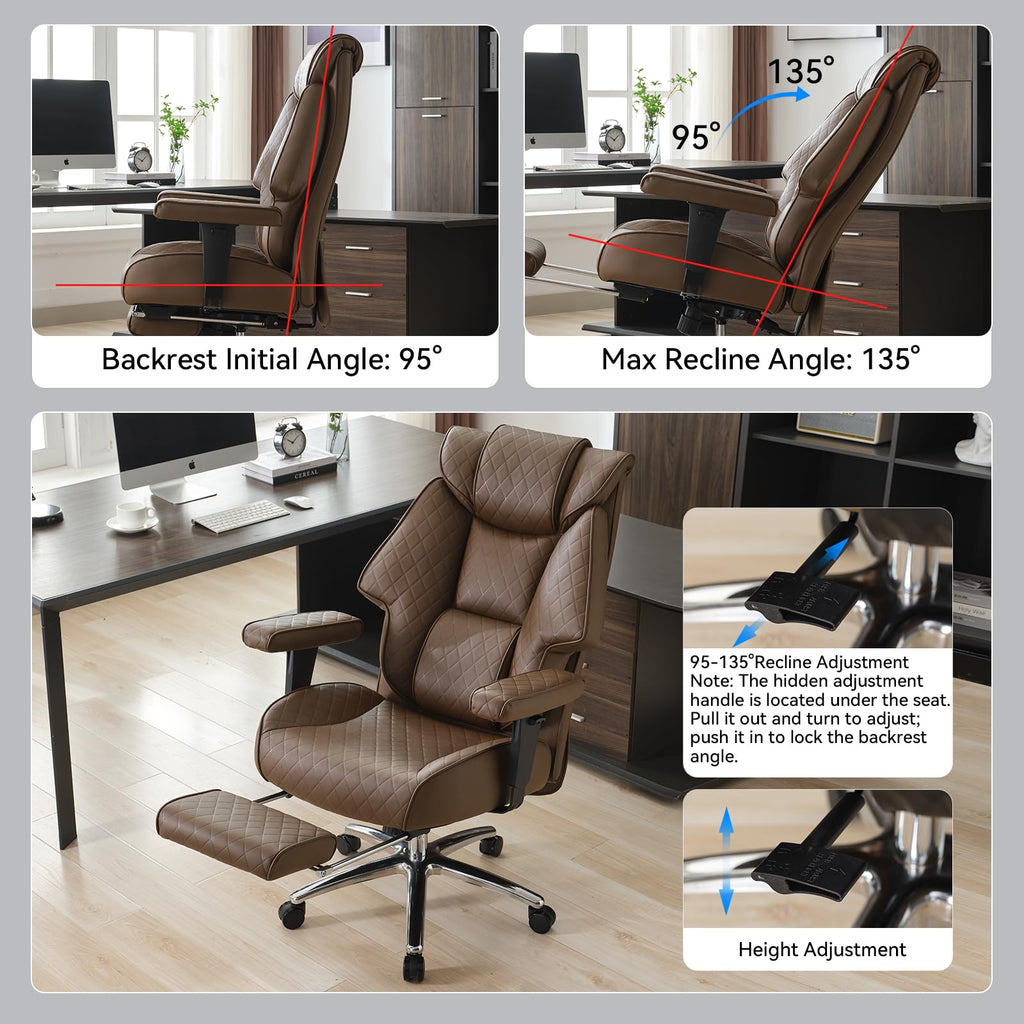 Big and Tall Office Chair with Footrest, PU Leather High Back Executive Chair 400lbs, Ergonomic Computer Chair Lumbar Support (Brown) M513278