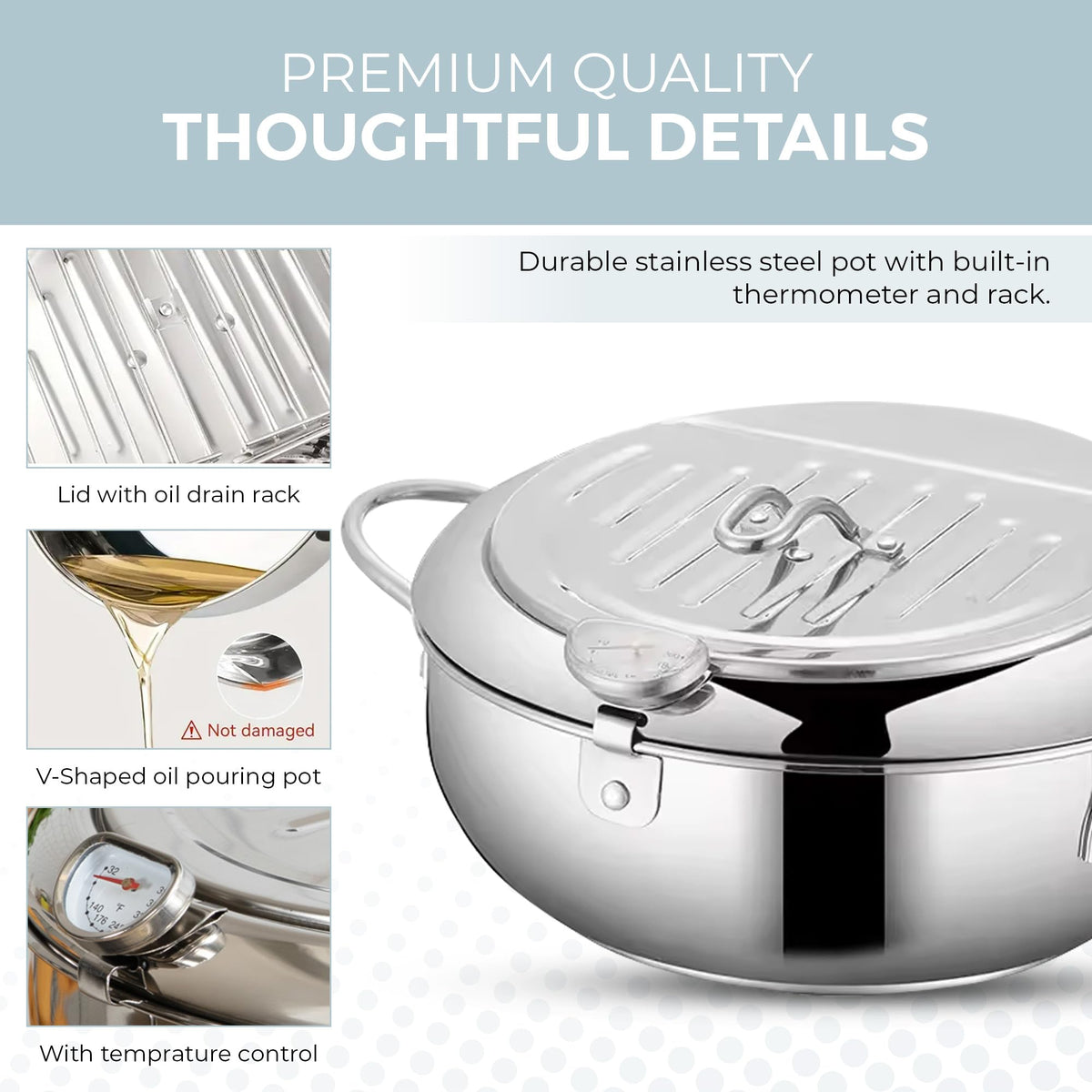 11-Inch Stainless Steel Deep Fryer Pot with Oil Thermometer D1957