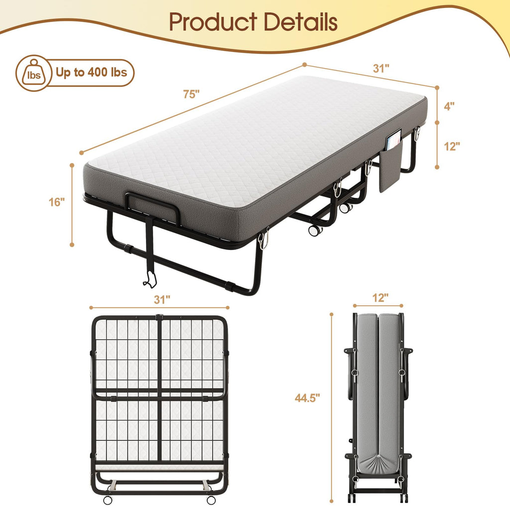 Folding Bed with Mattress, Memory Mattress Metal Frame Single Bed B79422