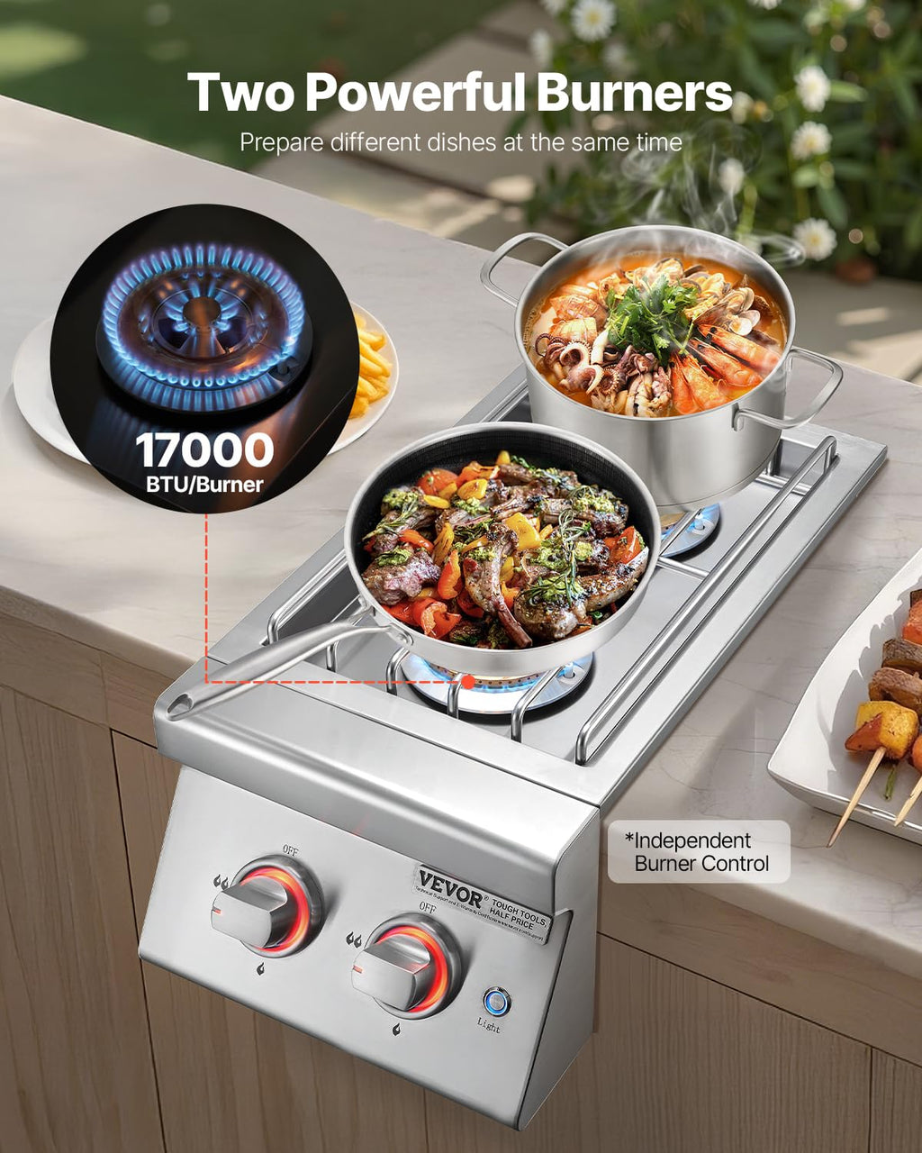 Double Side Burners, 2 x 17,000BTU Liquid Propane, Convertible to Natural Gas, 304 Stainless Steel Built-in G716