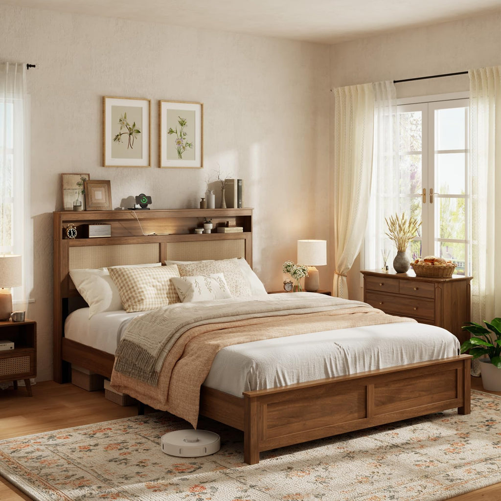 Brown Queen Wood Bed Frame with Storage Headboard O323